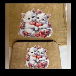 New 2 Piece Burlap Tote and Coin Purse White Fluffy Huggable Cats for Cat Lovers